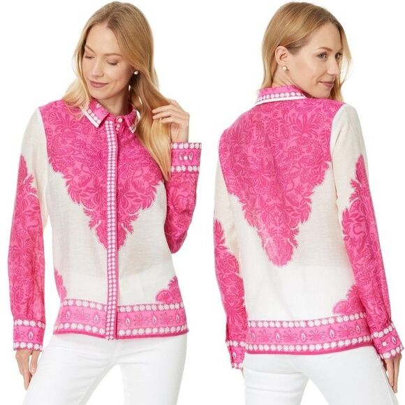 Lilly Pulitzer Kiran Button Down Top Womens Sz L Western Glam Pink White NEW - Picture 1 of 16